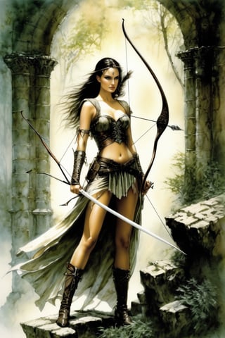 Luis Royo style illustration of a beautiful female archer, similar to Natalie Portman, in the ruins of a castle invaded by the forest.