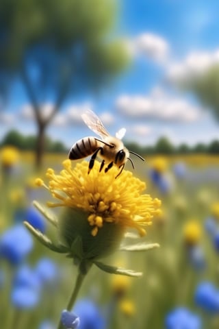 Professional photography, field, trees in the background, blue flowers, a bee on the flower, sky with few clouds, focus on the bee.