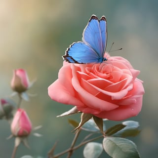 A blue butterfly, perched on a rose.