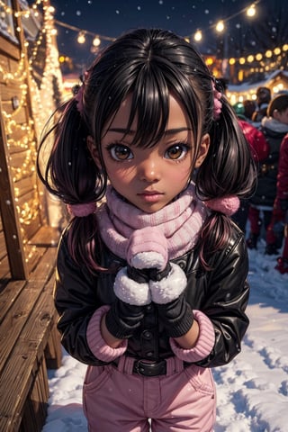 (chibi,loli,) perfect-composition, Perfect pictorial composition, Creative poster, Cute, age 8,pouty full lips, (waist up, sharp focus),(winter coat,winter pants,gloves,pink,paw-print), wood floor,(Christmas lights on house),playing outside in the snow,snow angel,snow ball,snowman,(xmas tree),animal ear fluff,(low twintails),happy,(Best Quality:1.2), (Ultra-detailed), (Photorealistic:1.37), (HDR), (Vivid colors),  (Warm and bright color tones), (Soft diffuse lighting),food ,niji style,( (extremely black skin/ebony skin/