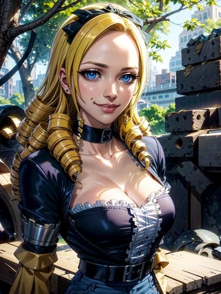 (solution epsilon), (masterpiece:1.3), (striped shirt),(high waist denim skirt), 1girl, solo, eye focus, (1girl), (solo), cowboy_shot, beautiful detailed eyes, symmetric eyes, (blue eyes), expressive eyes, pretty eyelashes, glossy eyes, (blonde hair), (drill hair), short hair, 1girl, evil smile , looking_at_viewer, (large breasts), cleavage, gloves, (park), scenery, trees,1 girl,realhands,more detail