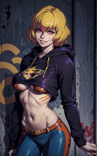 1girl, clementine, red eyes, smiley, blonde hair, short hair, cropped hoodie underboob cut, blue leggings, skinny waist:1.3, huge breasts, huge hip, navel, underboob cut hoodie(detailed face:1.2), (detailed eyes:1.2), (detailed background), graffiti wall, realhands, more detail,