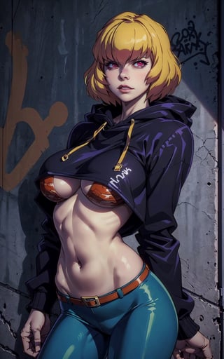 1girl, clementine, red eyes, blonde hair, short hair, cropped hoodie underboob cut, blue leggings, skinny waist:1.3, huge breasts, huge hip, navel, underboob cut hoodie(detailed face:1.2), (detailed eyes:1.2), (detailed background), graffiti wall, realhands, more detail,