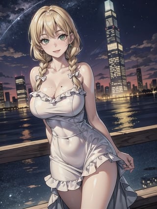 ((masterpiece)), ((orange frilled dress)), (blonde hair), green eyes, twin braids, medium breasts, huge hips, (looking at viewer), silhouette,1 busty cute face light smile girl, pale skin, beauty_mark, mole, star (sky), cloud, cityscape, building, city, outdoors, skyscraper, city lights, night, night sky, sunset, skyline,