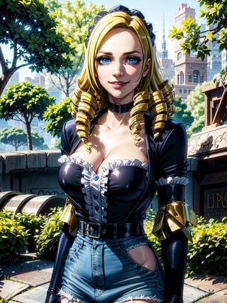 (solution epsilon), (masterpiece:1.3), (frilled shirt),(high waist denim shorts), 1girl, solo, eye focus, (1girl), (solo), cowboy_shot, beautiful detailed eyes, symmetric eyes, (blue eyes), expressive eyes, pretty eyelashes, glossy eyes, (blonde hair), (drill hair), short hair, 1girl, evil smile , looking_at_viewer, (large breasts), cleavage, gloves, (park), scenery, trees,1 girl,realhands,more detail