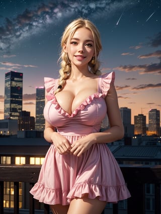 ((masterpiece)), ((pink frilled dress)), (blonde hair), green eyes, twin braids, huge breasts, big hips, (looking at viewer), silhouette,1 busty cute face light smile girl, pale skin, beauty_mark, mole, star (sky), cloud, cityscape, building, city, outdoors, skyscraper, city lights, night, night sky, sunset, skyline,