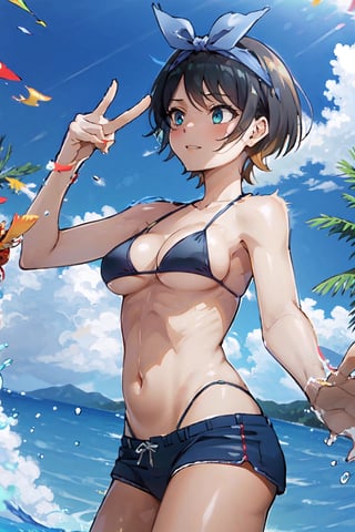 1girl, perfect,light,front view,front facing, 1girl, black hair, hairband, short hair, solo, hairband, blue eyes,ruka,  1 girl,High detailed,,short hair,,, 1girl,medium breasts, sarashina ruka, black hair, breasts, boobs,REIOVABIKINI, bikini, beach, 