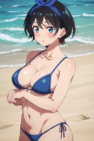 1girl, perfect,light,front view,front facing, 1girl, black hair, hairband, short hair, solo, hairband, blue eyes,ruka,  1 girl,High detailed,,short hair,,, 1girl,medium breasts, sarashina ruka, black hair, breasts, boobs,REIOVABIKINI, bikini, beach, front view, from top,RukaSarashina,ruka sarashina