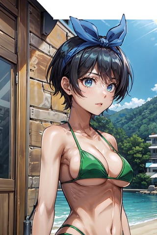 1girl, perfect,light,front view,front facing, 1girl, black hair, hairband, short hair, solo, hairband, blue eyes,ruka,  1 girl,High detailed,,short hair,,, 1girl,medium breasts, sarashina ruka, black hair, breasts, boobs,REIOVABIKINI, bikini, beach, 