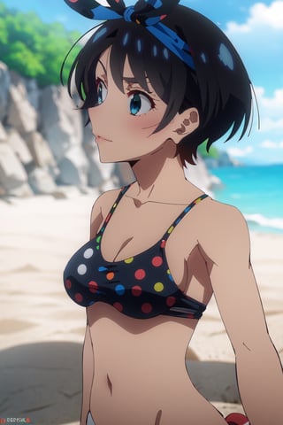 1girl, perfect,light,front view,front facing, 1girl, black hair, hairband, short hair, solo, hairband, blue eyes,ruka,  1 girl,High detailed,,short hair,,, 1girl,medium breasts, sarashina ruka, black hair, breasts, boobs,REIOVABIKINI, bikini, beach, front view