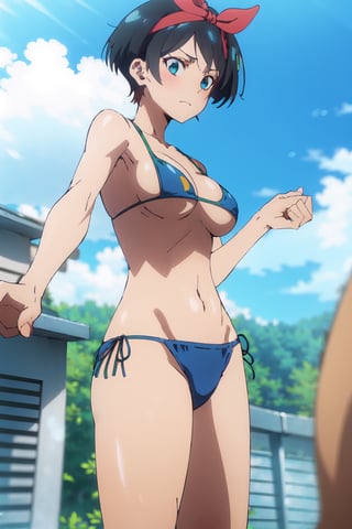 1girl, perfect,light,front view,front facing, 1girl, black hair, hairband, short hair, solo, hairband, blue eyes,ruka,  1 girl,High detailed,,short hair,,, 1girl,medium breasts, sarashina ruka, black hair, breasts, boobs,REIOVABIKINI, bikini, beach, 