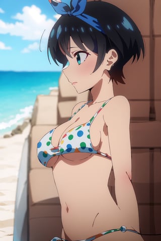 1girl, perfect,light,front view,front facing, 1girl, black hair, hairband, short hair, solo, hairband, blue eyes,ruka,  1 girl,High detailed,,short hair,,, 1girl,medium breasts, sarashina ruka, black hair, breasts, boobs,REIOVABIKINI, bikini, beach, 