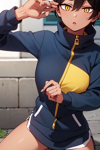 NSFW,natsumikurobe, ,natsumi kurobe, short hair, black hair, (yellow eyes:1.3), (slit pupils:1.5), dark skin, dark-skinned female, tomboy,BREAK outdoors, city,BREAK looking at viewer, (cowboy shot:1.5),BREAK (masterpiece:1.2), best quality, high resolution, unity 8k wallpaper, (illustration:0.8), (beautiful detailed eyes:1.6), extremely detailed face, perfect lighting, extremely detailed CG, (perfect hands, perfect anatomy),one breast out,jacket open,torn