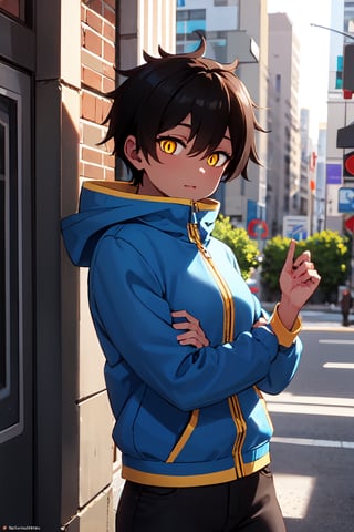 natsumikurobe, ,natsumi kurobe, short hair, black hair, (yellow eyes:1.3), (slit pupils:1.5), dark skin, dark-skinned female,BREAK jacket, pants, hood, zipper, tomboy,BREAK outdoors, city,BREAK looking at viewer, (cowboy shot:1.5),BREAK (masterpiece:1.2), best quality, high resolution, unity 8k wallpaper, (illustration:0.8), (beautiful detailed eyes:1.6), extremely detailed face, perfect lighting, extremely detailed CG, (perfect hands, perfect anatomy),