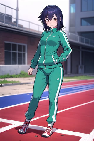 Highly detailed, High Quality, Masterpiece, beautiful, full body 1girl, solo,  kanbaru suruga, dark bluish hair,((brown eyes)), Train suit (color gets kinda random) - kanbaru suruga, track jacket, track suit, sneakers,medium hair,bandaged arm,BREAK looking at viewer,BREAK outdoors,BREAK,BREAK outdoors, track and field,BREAK looking at viewer, BREAK , (masterpiece:1.2), best quality, high resolution, unity 8k wallpaper, (illustration:0.8), (beautiful detailed eyes:1.6), extremely detailed face, perfect lighting, extremely detailed CG, (perfect hands, perfect anatomy), vape,High detailed ,anime, kanbaru suruga, brown eyes