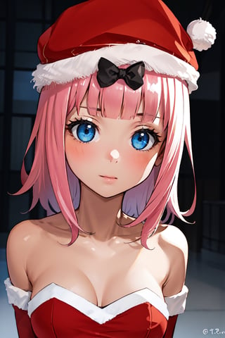 1girl, perfect,light,front view,front facing, best quality, aesthetics, detailed, alone, chika1, fujiwara chika, , black bow, hair_bow,  blunt bangs, collarbone, , large breasts ,1 girl,High detailed,,Santa hat,short hair,santa costume,sntdrs,1girl,,chika1