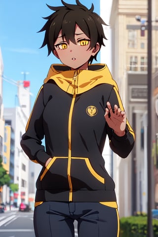 natsumikurobe, ,natsumi kurobe, short hair, black hair, (yellow eyes:1.3), (slit pupils:1.5), dark skin, dark-skinned female,BREAK jacket, pants, hood, zipper, tomboy,BREAK outdoors, city,BREAK looking at viewer, (cowboy shot:1.5),BREAK (masterpiece:1.2), best quality, high resolution, unity 8k wallpaper, (illustration:0.8), (beautiful detailed eyes:1.6), extremely detailed face, perfect lighting, extremely detailed CG, (perfect hands, perfect anatomy),one breast out,jacket open,torn