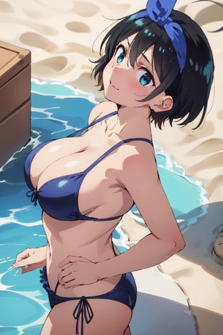 1girl, perfect,light,front view,front facing, 1girl, black hair, hairband, short hair, solo, hairband, blue eyes,ruka,  1 girl,High detailed,,short hair,,, 1girl,medium breasts, sarashina ruka, black hair, breasts, boobs,REIOVABIKINI, bikini, beach, front view, from top,RukaSarashina,ruka sarashina