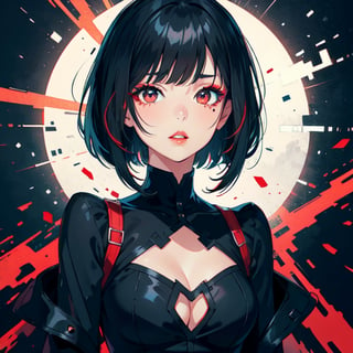 1 teen girl,solo, upper body,looking at viewer, black and red background, bob cut, short hair, black hair, makeup, black dress, , parted lips, red lips, eyeliner, cleavage cutout,walkure /(takt op./)