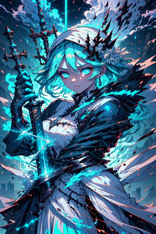 1 queen of thunder, beautiful face, very long glitter cyan hair, bright cyan eyes, wearing a lightning style white-blue dress, detailed dress with filigree lightning style, stormy, Iceland location, r1ge, blizzard storm background, weapon, holding a long thunder magic sword, raining,weiboZH