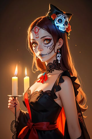 Portrait of Catrina, long fluffy hair, traditional catrina dress, fashion pose, radiant and luminous eyes, intrincate sugar skull catrina make up, glowing, holding a candle, ornate halloween room background, dynamic sweet pose, head to shoulders shot, 32K, realistic, art by Wadim Kashin, Nicoletta Ceccoli.,Realistic