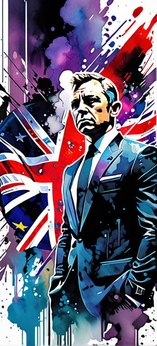 James Bond, urban Comics, Union Jack ornaments, Marvel, sci fi, highly technology, iconographic, glitch background, , watercolor, ink, mist, interactive image, highly detailed, art style by Clayton Crain + Ross Tran + Rachel Walpole + Jeszika Le Vye + Dan Volbert + Simon Stalenhag + Brian Stelfreeze