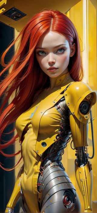 Please create a masterpiece, stunning beauty, perfect face, epic love, Slave to the machine, full-body, hyper-realistic oil painting, red hair, yellow vibrant colors, Body horror, wires, biopunk, cyborg by Peter Gric, Hans Ruedi Giger, Marco Mazzoni, dystopic, golden light, perfect composition, col