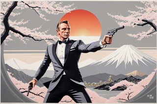 (James Bond, ukiyo_e style), traditional Japanese woodblock print, intricate linework, vibrant colors, sun, cherry blossoms, dynamic pose, (James Bond), (beautiful, aesthetic, perfect, delicate, intricate:1.2), (color scheme: grey), ukiyo_e