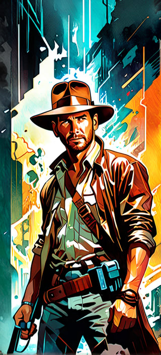 Indiana Jones, urban Comics, brown ornaments, Marvel, sci fi, highly technology, iconographic, glitch background, , watercolor, ink, mist, interactive image, highly detailed, art style by Clayton Crain + Ross Tran + Rachel Walpole + Jeszika Le Vye + Dan Volbert + Simon Stalenhag + Brian Stelfreeze