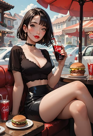 score_9, score_8_up, score_7_up, score_6_up,  1girl, milf, gorgeous girl , kawai girl , cute face, cute girl, black hair, bangs, hazel eyes, blushing, choker, black , wearing black crop top, sitting on donner, burger in a plate,  coca cola with ice on a glass, red lipstick, medium breast,  cleavage, skirt, big sexy thighs,  (slim fit),legs crossed, bubble ass