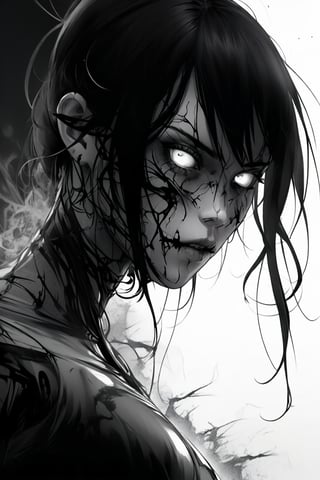 A crisp, clear, anime portrait of a sadistic women. Horror, nightmare, bloody, detailed, intricate, clear eyes. Black on white smoke layer, Crisp image, extremely detailed, sci-fi, fantasy, Clear, high resolution, futuristic,