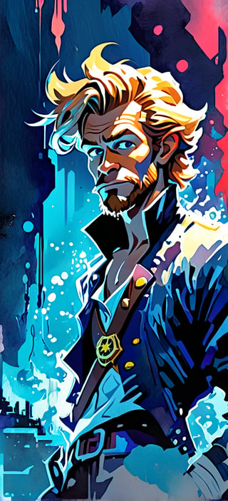 Guybrush Threepwood, Monkey Island, urban Comics, blue ornaments, Marvel, sci fi, highly technology, iconographic, glitch background, , watercolor, ink, mist, interactive image, highly detailed, art style by Clayton Crain + Ross Tran + Rachel Walpole + Jeszika Le Vye + Dan Volbert + Simon Stalenhag + Brian Stelfreeze