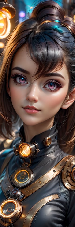 A intricate close up portrait of a beautiful, steampunk European girl , solo, close up, dramatic glitter makeup, welder's goggles, hazel eyes, bagshaw and artgerm, high rossdraws, dynamic, rim light, intricate, sharpened, highest resolution, 8k, octane render, unreal engine, colorful, black lashes background, urban steampunk European city, beautiful scene ,