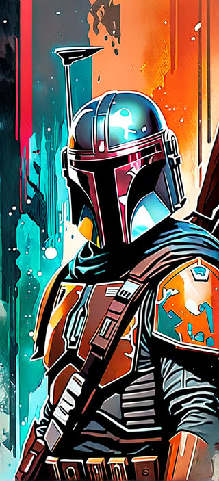 Mandalorian, urban Comics, brown ornaments, Marvel, Starwars, sci fi, highly technology, iconographic, glitch background, , watercolor, ink, mist, interactive image, highly detailed, art style by Clayton Crain + Ross Tran + Rachel Walpole + Jeszika Le Vye + Dan Volbert + Simon Stalenhag + Brian Stelfreeze