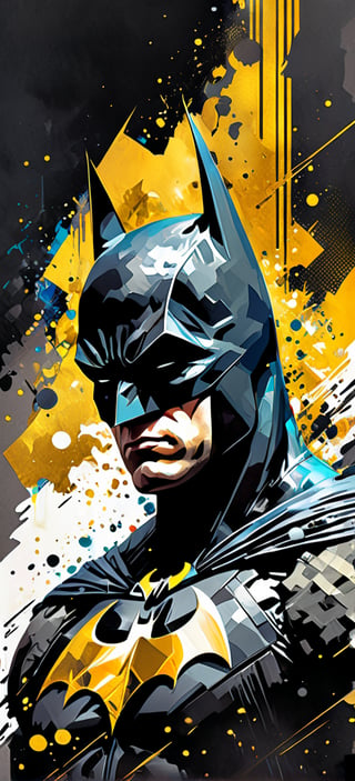 Batman, urban Comics, black and gold flag ornaments, Marvel, sci fi, highly technology, iconographic, glitch background, , watercolor, ink, mist, interactive image, highly detailed, art style by Clayton Crain + Ross Tran + Rachel Walpole + Jeszika Le Vye + Dan Volbert + Simon Stalenhag + Brian Stelfreeze