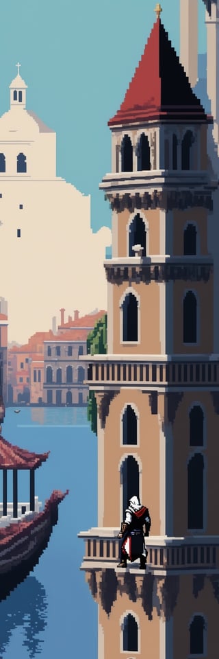 (1guy), (full body), Pixel-Art Adventure featuring a guy: Pixelated Ezio Auditore, wearing assassin's creed 2 outfit, character squatting on top of a Venice campanile, vibrant 8-bit environment, reminiscent of classic games.,Leonardo Style, Assassin's Creed, Monkey Island style,pixel art