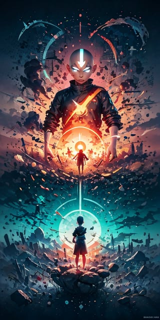 Aang, blue arrow tatoo, The Last Air Bender, dark orange jacket, tight suit, kamui relm of the Itachi,and the anime series ace, Fantastic Surrealism, red moon, Fantasy Landscapes, Art, Surrealism,, Biomechanical Sculpture, Turned to the Camera, red Background, 3D Vector Art, , Detailedface, Detailedeyes, 1 boy,avatar