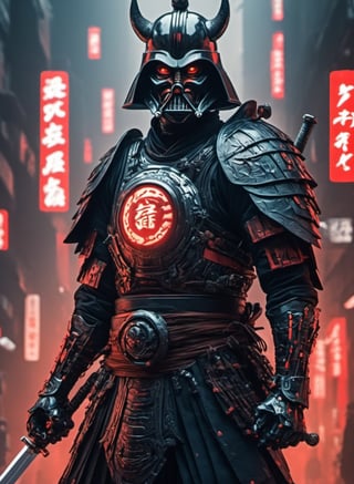 (8k uhd, masterpiece, best quality, high quality, absurdres, ultra-detailed, detailed background), (full body:1.4), (a Japanese Darth Vader samurai with great sword, walking across a bunch of Japanese stormtroopers samurai), (beautiful, aesthetic, perfect, delicate, intricate:1.2), (color scheme: black), (size and shape of great sword: Daishō, massive and double-edged), (type of armor: oni style helmet, black eyes, bone and leather), (environment: ancient Japan street, outside, cyberpunk, Cyberpunk,), perspective: slightly low angle to emphasize the warrior's power, lighting: dramatic, with a spotlight illuminating the warrior's face and sword, (depth of field: shallow, with the warrior in sharp focus and the fiery background slightly blurred), cyborg style,Movie Still, cyborg,steampunk style