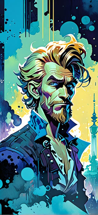 Guybrush Threepwood, Monkey Island, urban Comics, blue ornaments, Marvel, sci fi, highly technology, iconographic, glitch background, , watercolor, ink, mist, interactive image, highly detailed, art style by Clayton Crain + Ross Tran + Rachel Walpole + Jeszika Le Vye + Dan Volbert + Simon Stalenhag + Brian Stelfreeze