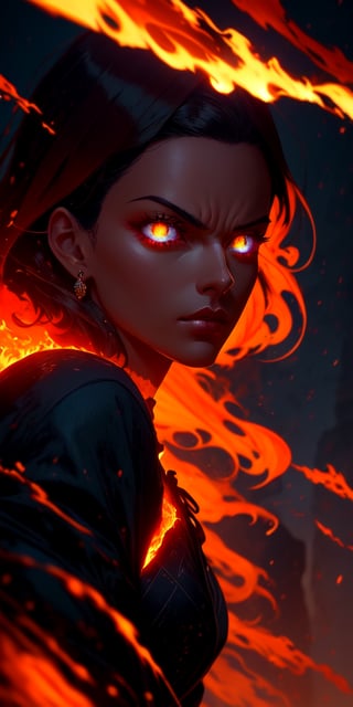 A close-up shot of a woman's face, dressed in flowing attire, black hair, hazel eyes, amidst the chaos of falling rocks. Her features are illuminated by an eerie lava glow seeping from beneath the rubble. The composition is tense, with her gaze fixed intently on some unknown point. The framing is tight, emphasizing her vulnerability. The lighting is moody, with deep shadows accentuating the textures of her dress and the rocky debris. In the style of Peter Mohrbacher, Ross Tran, and Michael Whelan, this digital artwork by Cyril Rolando embodies a sense of foreboding and mystique, characteristic of C2O's (Peter Mohrbacher) artistic vision.