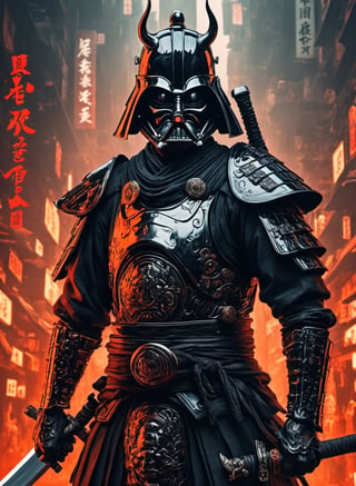 (8k uhd, masterpiece, best quality, high quality, absurdres, ultra-detailed, detailed background), (full body:1.4), (a Japanese Darth Vader samurai with great sword, walking across a bunch of Japanese stormtroopers samurai), (beautiful, aesthetic, perfect, delicate, intricate:1.2), (color scheme: black), (size and shape of great sword: Daishō, massive and double-edged), (type of armor: oni style helmet, black eyes, bone and leather), (environment: ancient Japan street, outside, cyberpunk, Cyberpunk,), perspective: slightly low angle to emphasize the warrior's power, lighting: dramatic, with a spotlight illuminating the warrior's face and sword, (depth of field: shallow, with the warrior in sharp focus and the fiery background slightly blurred), cyborg style,Movie Still, cyborg,steampunk style