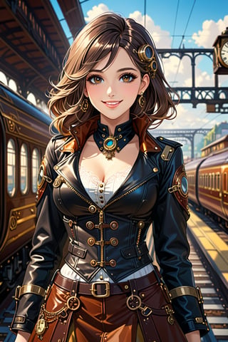 Very beautiful girl, black eyes and hair, with a steampunk leather jacket, waistcoat, intricately detailed brass accessories. Masterpiece, illustration, extremely detailed, warmly smile, bright colors, depth of field, railway station on background 