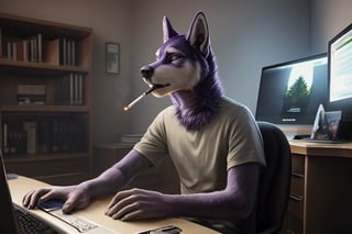 anthro, purple husky, male, adult, slender, soft fur, sweat pants(medium crotch Bulge), tight >black< shirt (random shirt Logo), sitting at desk, looking at Computer(gaming), Smoking Marijuana cigarette in mouth, Marijuana Smoke(Thick Cloud), Smoke Filled room, realistic fur, detailed background, bedroom background, sitting in chair(at Desk), Headset around ears, LEDS (Room accents), realistic, photorealistic, ultra realistic, 8k,