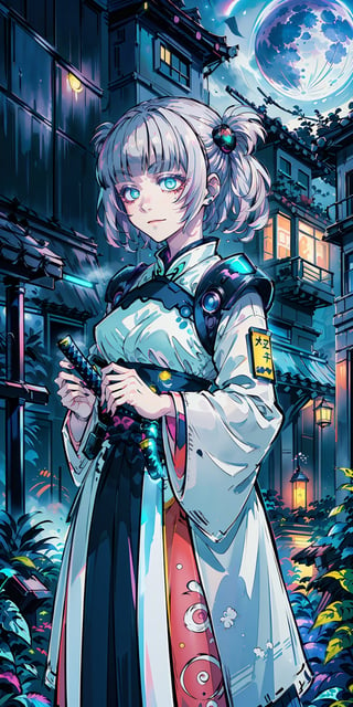 (datamoshing:1.5), (8k uhd, masterpiece, best quality, high quality,ultra-detailed, detailed background, depth of field), (beautiful, aesthetic, perfect, delicate, intricate:1.2), (1girl), (solo), (human, emerald eyes:1.3), (cyberpunk style, aodai cyber,moonlight, (clutching katana, blade gleaming under the moonlight:1.4), swift rust, leaves, magical, (serene background:1.3), Chrysanthemum, fierce, smirking, determined eyes, spectral moon, mysterious, faint mist, water surface, silver lighting, eyes glittering (poorly_lit, dark moonlight:1.3), fantasy,nanakusa nazuna,pink_hair,