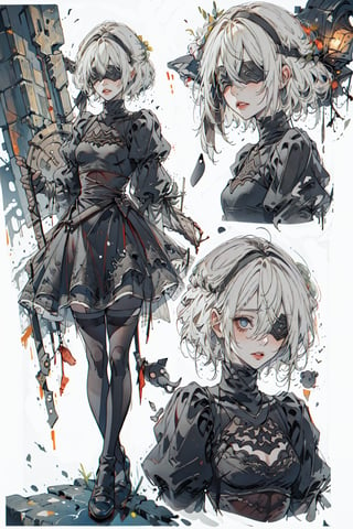 masterpiece, high quality, weapon,blind, firekeeper,night, gothic, hair between eyes, best quality, scenery,( full body, upper body, ), building, absurd res,fishnets, original costume, small breast,yorha no. 2 type b