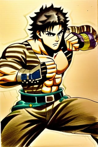 solo, black hair, gloves, 1boy, male focus, midriff, striped, belt, pants, fingerless gloves, muscular, traditional media, muscular male, serious, fighting stance, manly, jojo pose, joseph joestar \(young\), jonathan joestar