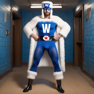  Male White Russian fur hat, blue tights superhero, letter w as belt full body Feet standing on wooden floor  in prison room 