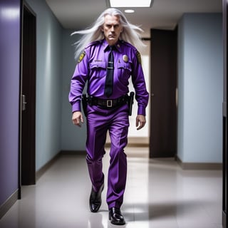  Man with long white hair in purple police uniform, no hat, purple leather shoes,with a fierce expression, full body cool walking in room 