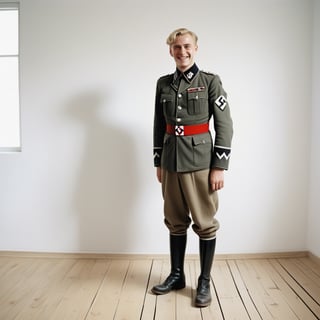 Blonde-haired man, Nazi military uniform,smile full-body shot, Feet standing on wooden floor ,white room