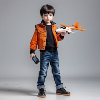  A boy with short black hair, a black vest, an orange jacket tied around his waist, denim trousers, black leather shoes, playing with a remote control plane, full body cool standing